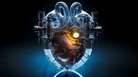 Innovative image of a human synthetic implant heart constructed from a mix of medical equipment, tools, and anatomy technology. Generative Ai.の素材