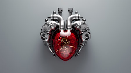 Innovative image of a human synthetic implant heart constructed from a mix of medical equipment, tools, and anatomy technology. Generative Ai.の素材