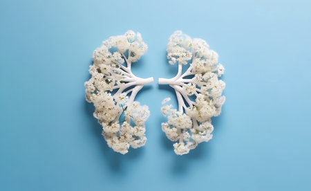 A serene and calming scene of a pair of lungs made from delicate white flowers. Paperwork, created with pressed flowers and a minimalist design. Generative Ai.の素材