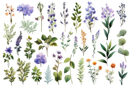 Watercolor elements - wildflowers, herbs, flowers, leaf. Garden and wild, forest herb, branches. Isolated on white background. Generative ai.の素材