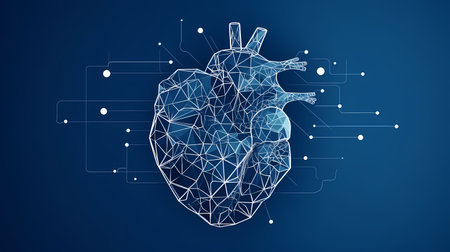 Human heart anatomy form lines and triangles, point connecting network on blue background. Illustration. Generative Ai.の素材
