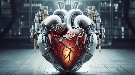 Innovative image of a human synthetic implant heart constructed from a mix of medical equipment, tools, and anatomy technology. Generative Ai.の素材