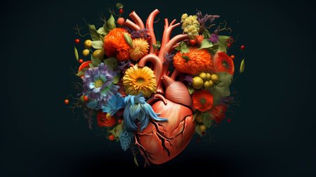 Human heart represented as a dynamic and colorful explosion of organic elements, including fruits, vegetables, and flowers. Generative Ai.の素材