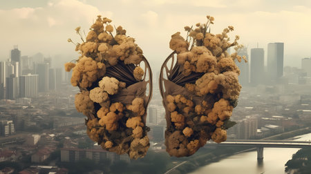 A surreal scene of a pair of lungs made from leaves and flowers, dark and polluted cityscape. Harmful effects of air pollution on human health. Generative Ai.の素材