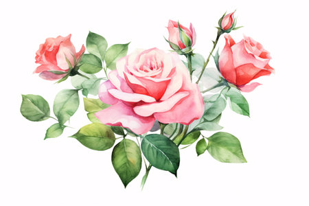 Flowers roses, branches, leaves and buds on an isolated white background, watercolor illustration, floral design. Generative Ai.の素材