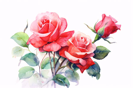 Flowers roses, branches, leaves and buds on an isolated white background, watercolor illustration, floral design. Generative Ai.の素材