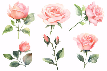 Flowers roses, branches, leaves and buds on an isolated white background, watercolor illustration, floral design. Generative Ai.の素材