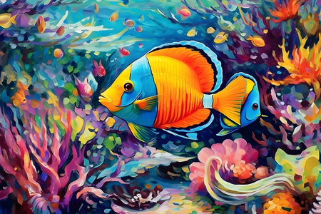 Underwater Wonders: Colorful tropical fish swimming in a coral reef. Generative ai.の素材