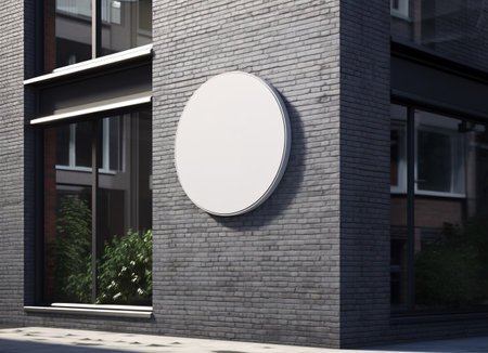 Singboard Mock up Template for Your Design. Empty white circle sign in front of Building. Generative Ai.の素材