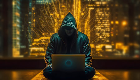 Internet privacy theft lurking in background. Anonymous hacker. Cyberpunk future. Cybersecurity breach. Generative Ai.の素材