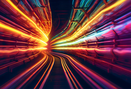 Illustration of neon rainbow tunnel. Level design. Retro wave. Retrofuturism sci-fi game scene. Warp tube. Generative ai.の素材