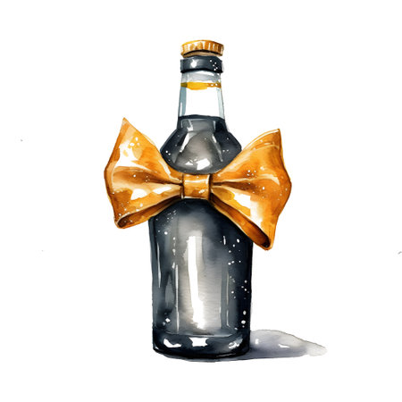 Watercolor picture of dark beer bottle with splatter and drops isolated on white. Hand drawn illustration. Father's Day. Generative ai.の素材