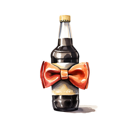 Watercolor picture of dark beer bottle with splatter and drops isolated on white. Hand drawn illustration. Father's Day. Generative ai.の素材