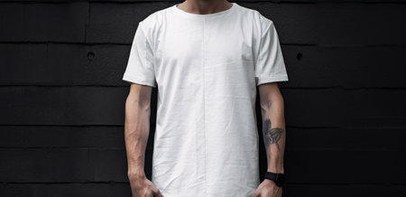 Young man wearing white blank t-shirt  standing on the street. Mock up template for t-shirt design. Generative AI.の素材