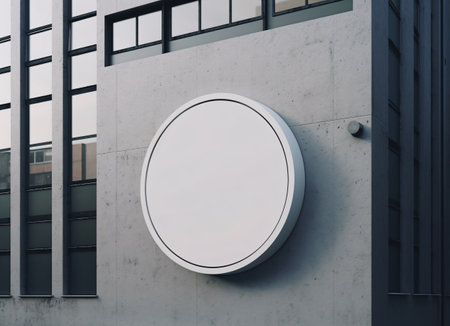 Singboard Mock up Template for Your Design. Empty white circle sign in front of Building. Generative Ai.の素材