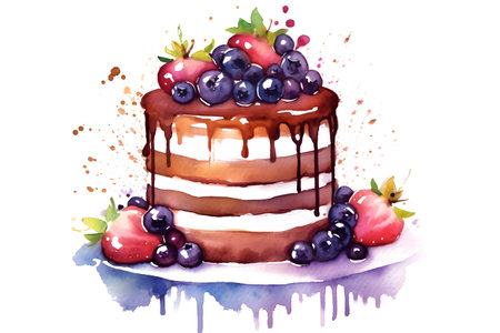 Hand painted watercolor cake. Generative Ai illustration.の素材
