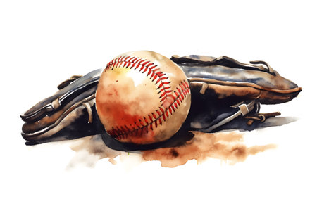 Baseball glove with ball from a splash of watercolor, hand drawn sketch. Generative Ai Illustration.の素材