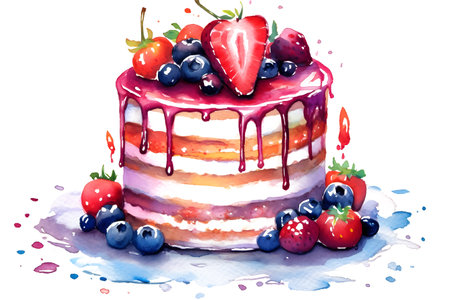 Hand painted watercolor cake. Generative Ai illustration.の素材