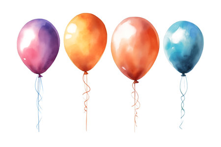 Set of watercolor air balloons isolated on white. Colorful hand painted greeting elements illustration. Generative ai.の素材