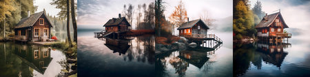 Set of Lake with vintage tiny house in a sunset forest environment. Generative Ai.の素材