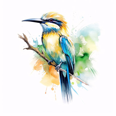 Tropic colorful bird watercolor. Cute small bird illustration. Generative Ai.の素材