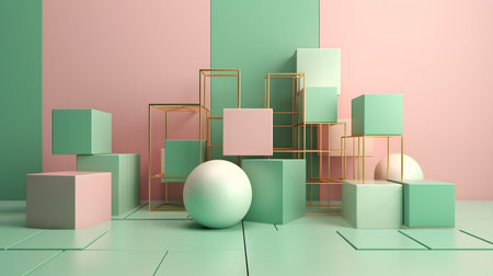 3d style with pastel green background pink green gold geometric shapes. Abstract still life scene. Podium template. Generative AI.の素材