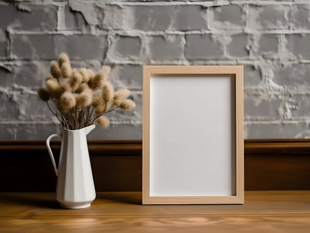 Dried statice flower in a vase by an empty wooden frame on a wooden surface. Frame design template. Mockup for design presentation. Generative Ai.の素材