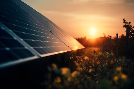 Close-up shot of a solar photovoltaic panel with a beautiful sunset in the background, showcasing the renewable energy concept. Generative Ai.の素材