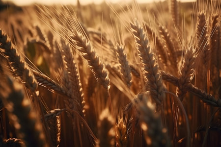 Beautiful close up of wheat ears at sunset. Field of wheat agriculture in summer. Generative Ai.の素材