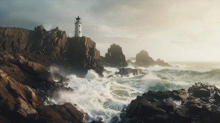 Coastal landscape with towering cliffs; crashing waves against rocky shores; a small lighthouse perched on a cliff; generative aiの素材