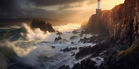 Coastal landscape with towering cliffs, crashing waves against rocky shores, a small lighthouse perched on a cliff, generative aiの素材