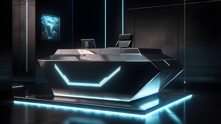 Futuristic registration reception desk, virtual gym, metaverse, advanced holographic displays, 3D futuristic aesthetic. Generative ai.の素材