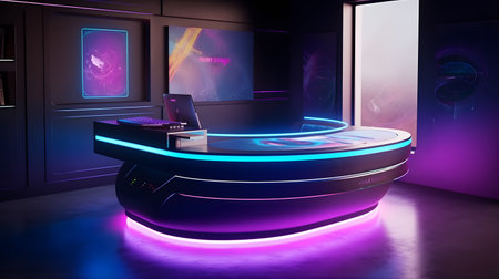 Futuristic registration reception desk, virtual gym, metaverse, advanced holographic displays, 3D futuristic aesthetic. Generative ai.の素材