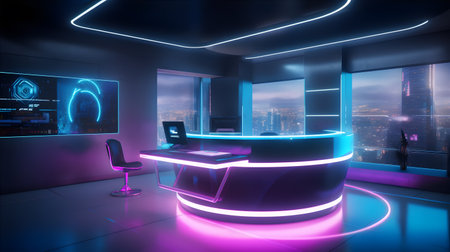 Futuristic registration reception desk, virtual gym, metaverse, advanced holographic displays, 3D futuristic aesthetic. Generative ai.の素材