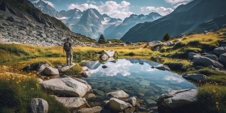An awe-inspiring mountain landscape with snow-capped peaks, a crystal-clear alpine lake a solitary hiker. Generative aiの素材