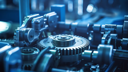 Machinery humming with activity in a busy factory, illustrating the hustle and bustle of production lines. Generative ai.の素材
