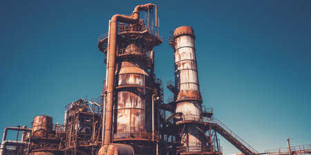 Rustic factory equipment standing tall against a clear blue sky, representing the power of industry and manufacturing. Generative ai.の素材