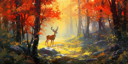An enchanting forest landscape in the heart of autumn where deer graze  and harmony with nature. Watercolor. Generative ai.の素材