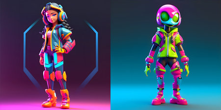 3D cartoon metaverse set. Character in vibrant neon colors, a cyberpunk vibe. Front view. Charm and a touch of futuristic flair. Generative ai.の素材