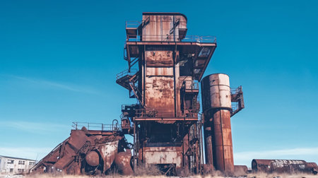 Rustic factory equipment standing tall against a clear blue sky, representing the power of industry and manufacturing. Generative ai.の素材