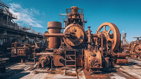 Rustic factory equipment standing tall against a clear blue sky, representing the power of industry and manufacturing. Generative ai.の素材