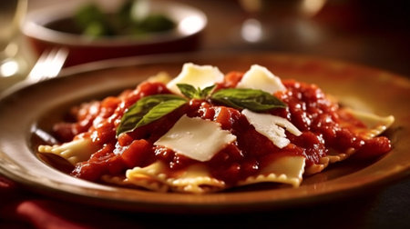 Experience the taste of Italy with this delicious image of homemade pasta topped with rich tomato sauce. Generative ai.の素材