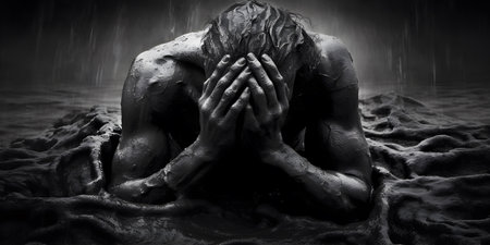 The Depths of Despair: A hauntingly beautiful image portraying deep emotional pain and vulnerability. Generative ai.の素材