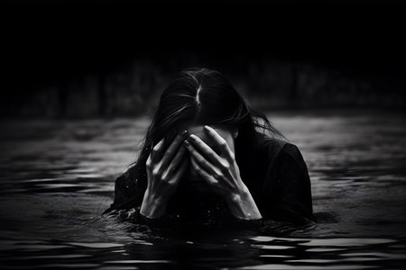 The Depths of Despair: A hauntingly beautiful image portraying deep emotional pain and vulnerability. Generative ai.の素材
