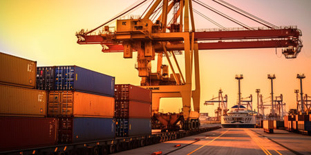 Crane lifting heavy cargo into a shipping container at a bustling port, symbolizing global trade and commerce. Generative ai.の素材