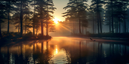 Get lost in the beauty of nature with this serene image capturing a tranquil lake at sunrise, shrouded in mist and surrounded by towering trees. Generative ai.の素材