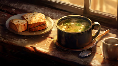 Indulge in the ultimate comfort food with this cozy image of hot soup and buttery bread. Generative ai.の素材