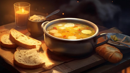 Indulge in the ultimate comfort food with this cozy image of hot soup and buttery bread. Generative ai.の素材