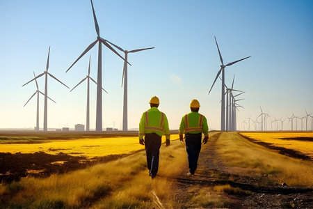 Renewable Energy Revolution - A power plant or wind farm with workers installing new equipment to generate renewable energy sources for the futureの素材
