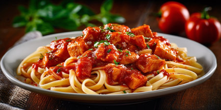 Experience the taste of Italy with this delicious image of homemade pasta topped with rich tomato sauce. Generative ai.の素材